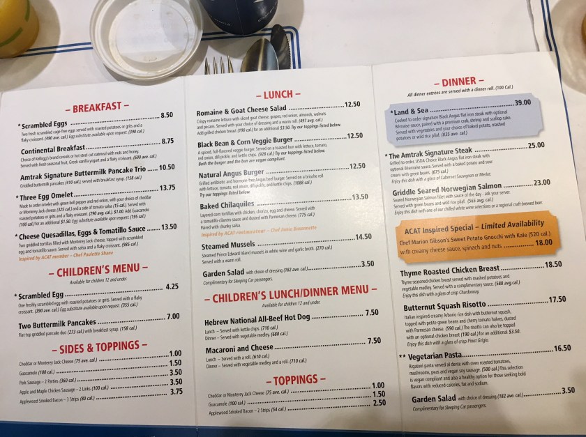 Amtrak menu